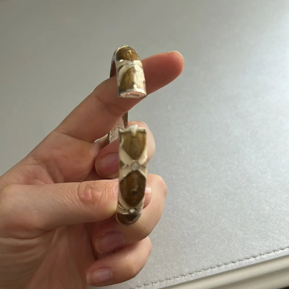 Brown Silver Chunky Bangle Bracelet Hand Painted Rhinestone